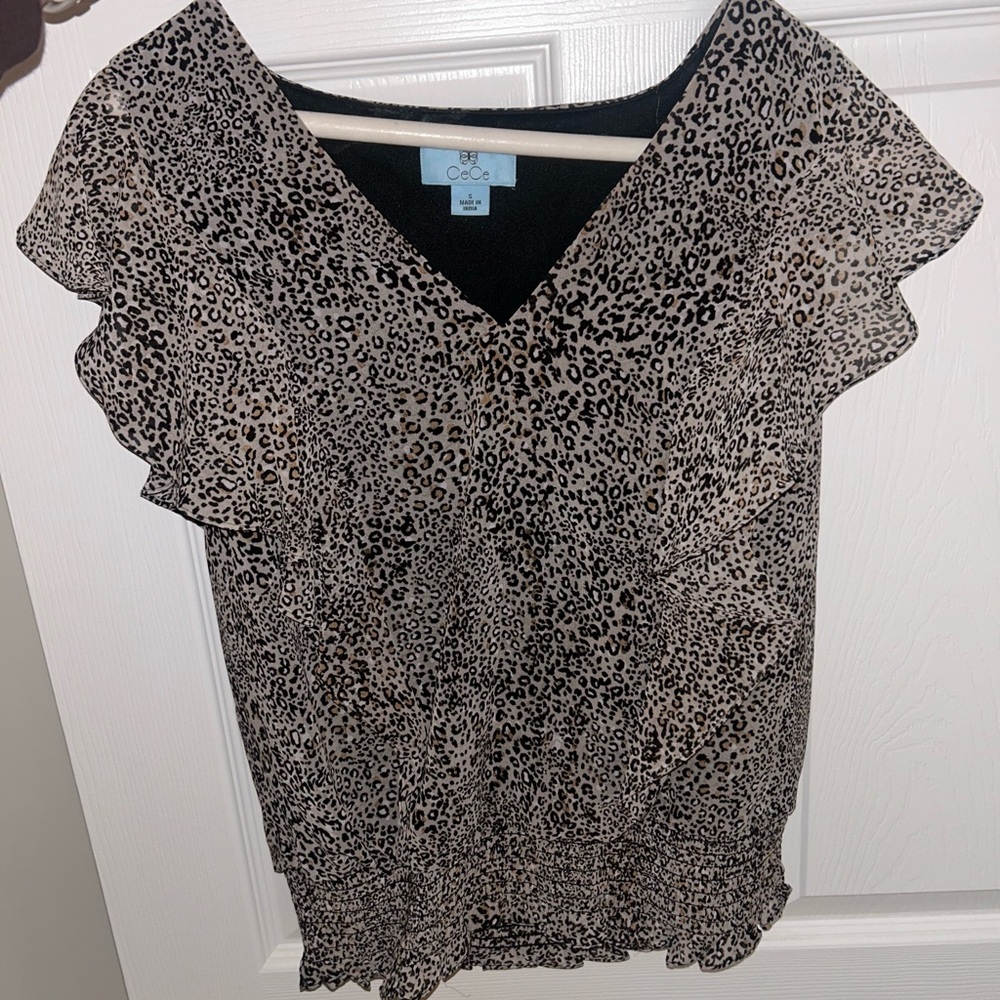 CeCe Black and Tan Animal Print Ruffle Blouse